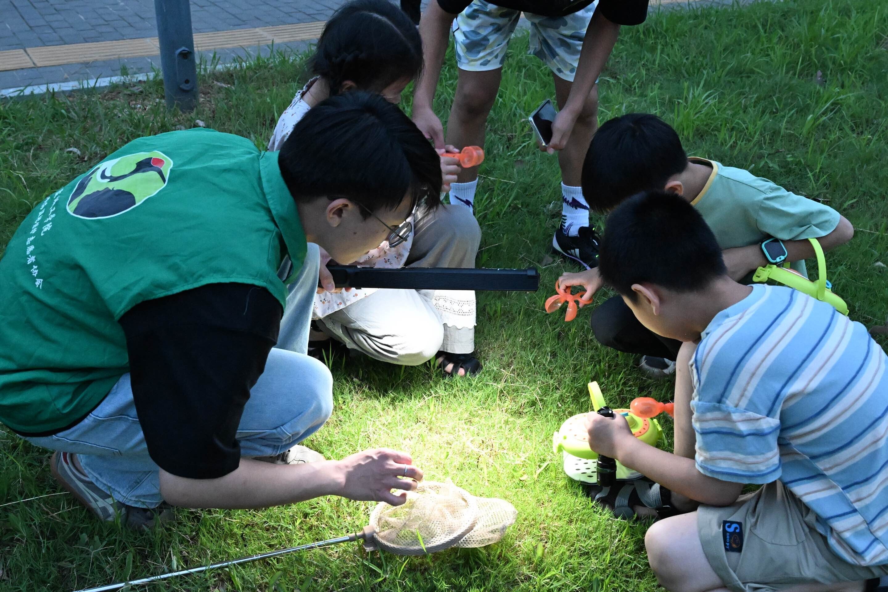 图为实践团成员在夜间活动中蹲身用手电照亮草丛，与孩子们一同观察讲解昆虫活动。黄淼 供图