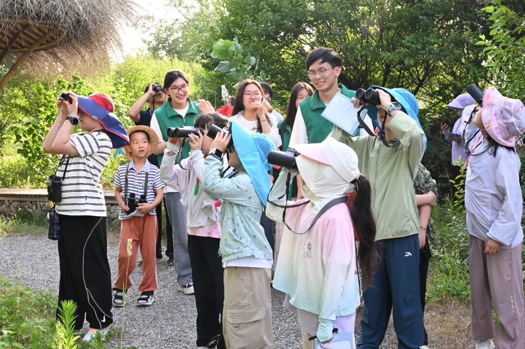图为实践团成员与孩子们一起走进盐城湿地博物园观察盐城夏候鸟。江俊波 供图