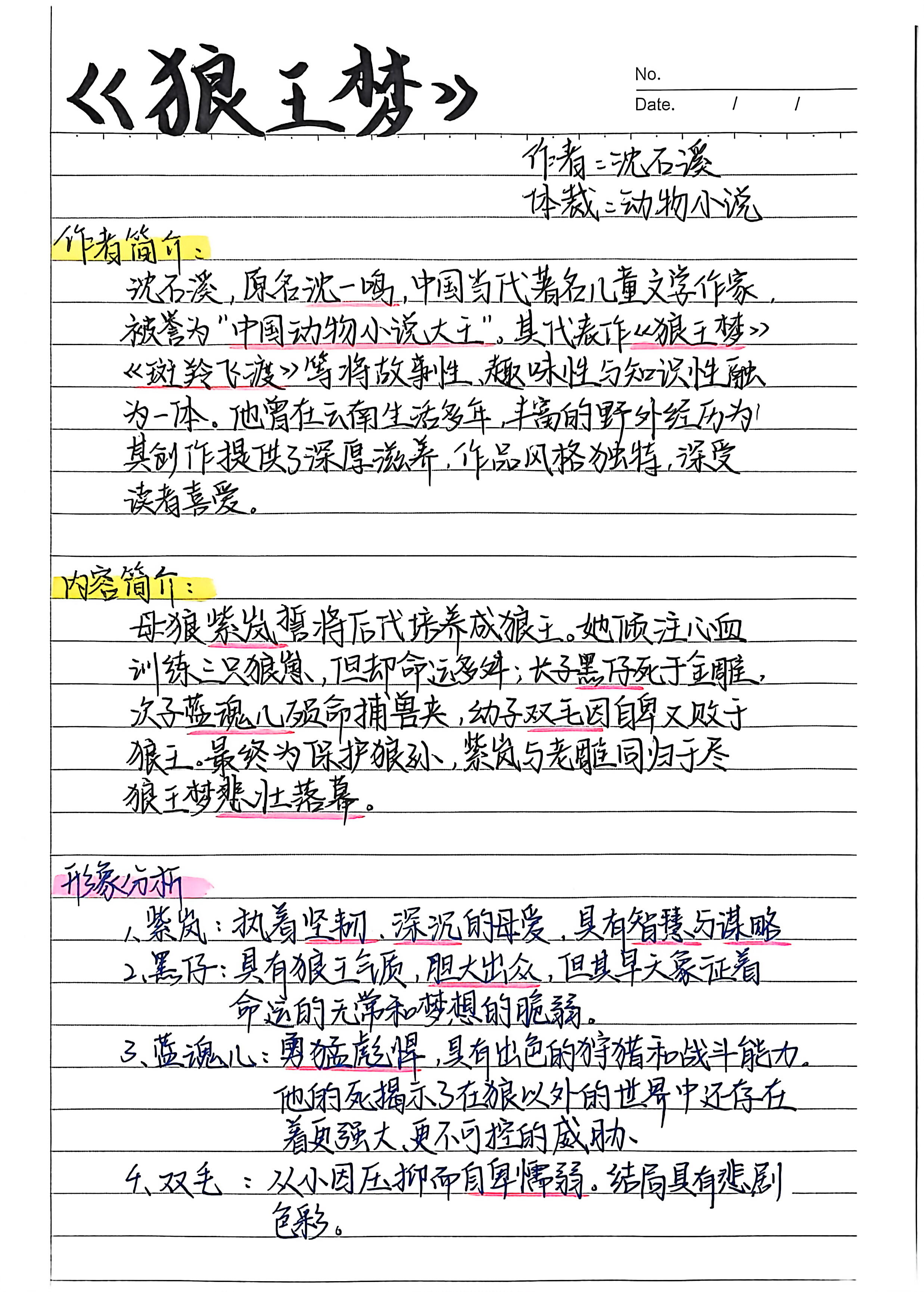 这份《狼王梦》读书笔记，一边拆解小说里的狼性世界、人物命运，一边从学前教育视角琢磨儿童成长与教育本质，是文学品读和教育思考拧在一起的真心阅读记录。
