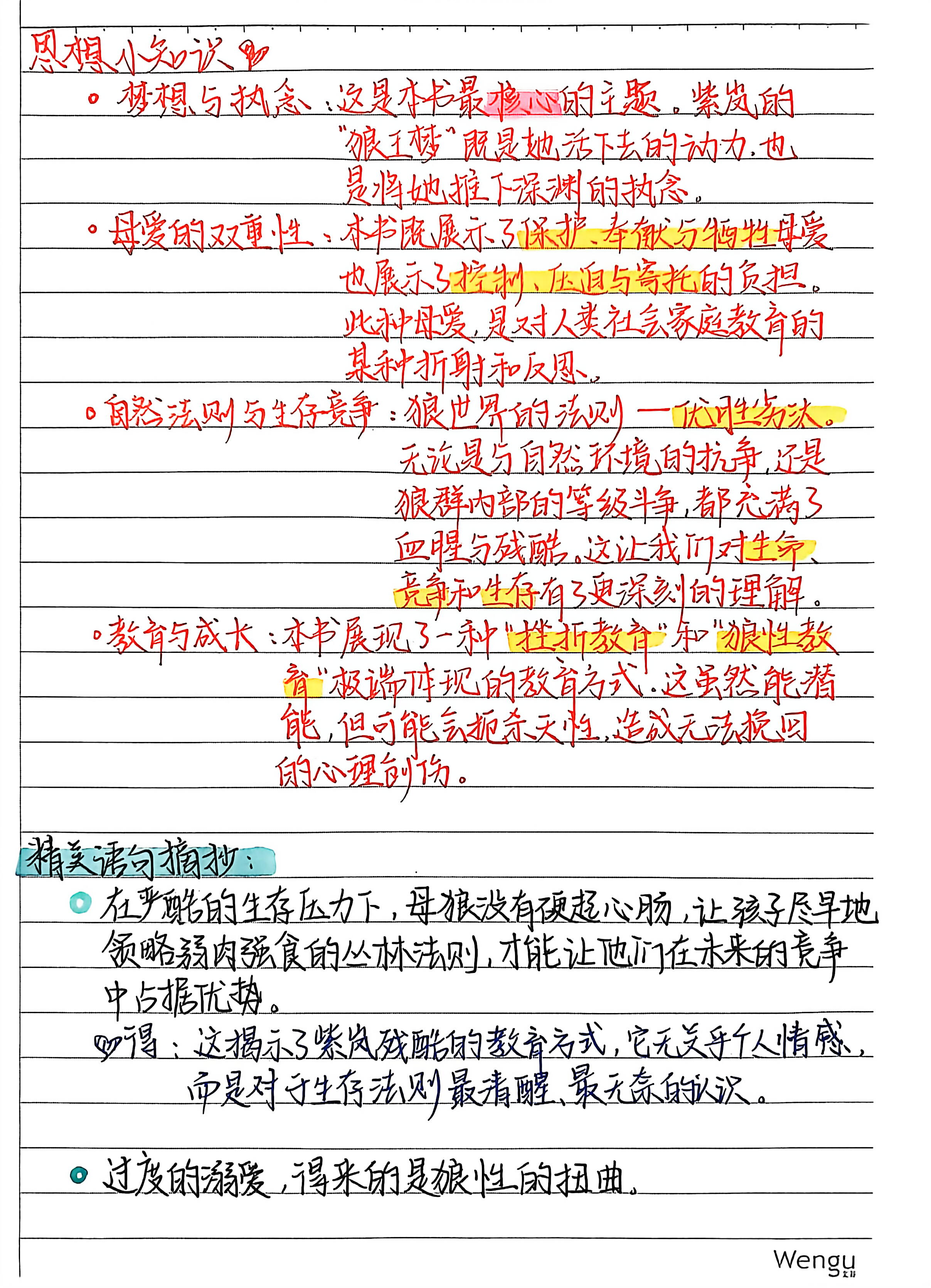 这份《狼王梦》读书笔记，一边拆解小说里的狼性世界、人物命运，一边从学前教育视角琢磨儿童成长与教育本质，是文学品读和教育思考拧在一起的真心阅读记录。